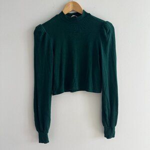 Reformation Jeans Green Mock Neck Puff Sleeve Cropped Top S USA Capsule Basic
